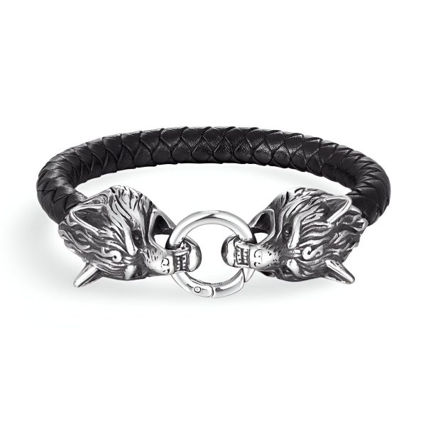 bracelet en cuir double tête de loup