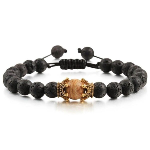 bracelet homme pierre de lave couronne dorée en perle