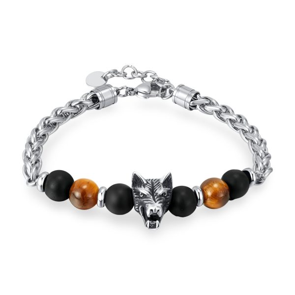 bracelet tête de loup et œil de tigre pour homme