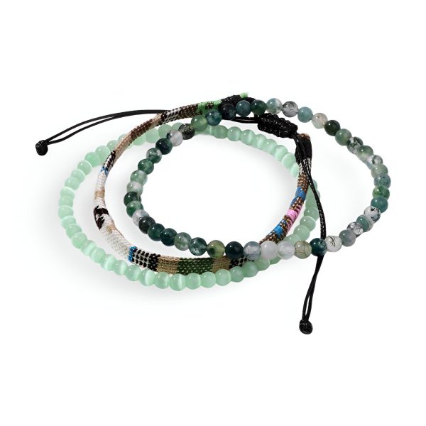 trio de bracelets tibétains porte-bonheur agate verte pour homme