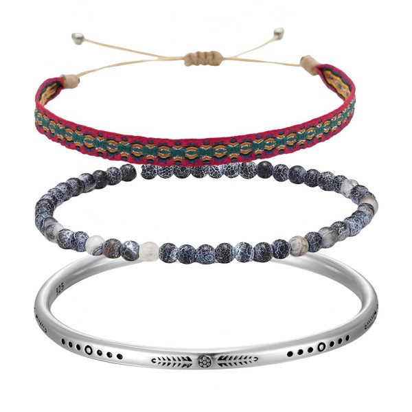 trio de bracelets tibétains porte-bonheur en agate et cuivre